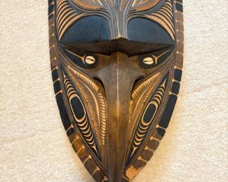 C158 - $140. Papua New Guinea Sepik River Hand Made Wood Mask. Cowrie Shell Eyes. Measures 12" W x 41" Tall