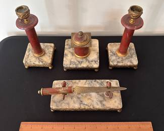 C129 - $225. 1850's 4 Piece Austrian Stone and Brass Desktop Set. Measures Letter opener 7" W x 3" Tall, Candle Holder 3" W x 7.25" Tall