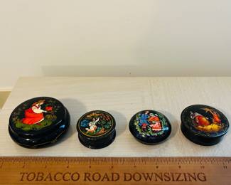 C120 - $75. 7 Piece. Russian Folk Art Hand Painted Black Lacquer Trinket Boxes.