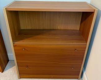 C2 - $50. 2 drawer filing cabinet - needs minor repairs but solid! Measures 37.5" wide x 15.5" deep x 42.75" tall. Made in Denmark stickers - no brand found. Bottom drawer base needs to be renailed / glued. Back needs reglued/nailed.