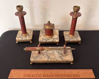 C129 - $225. 1850's 4 Piece Austrian Stone and Brass Desktop Set. Measures Letter opener 7" W x 3" Tall, Candle Holder 3" W x 7.25" Tall