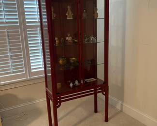 C22 - $550. Red Lacquered Display Cabinet. 2 doors. 3 adjustable glass shelves. Made in Sweden by Skaraborgs Mobler AB. Measures 31.5" x 13.5" x 69" tall. Very good condition.