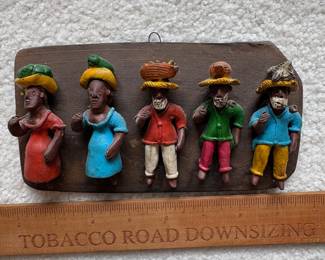 C51 - $40. Vintage Brazilian Folk Art Band Clay Wall Hanging. Signed Leonaldo. Measures 3 People- 5.75" x 4.75", 5 People 7.25" x 3.75".