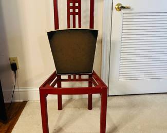 C125 - $200. Set of 6 Red Lacquered Chairs. Leather seats - would be very easy to recover. Very good vintage condition, normal wear & tear, scuffs. See photos.