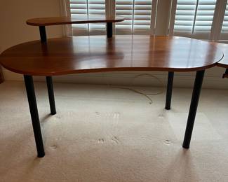 C16 - $60. 2 Piece Desk Set - Kidney shape measures 62" wide x 32.5" deep x 28.25" tall. Right piece measures 45.5" x 19.75" x 28.25" tall.