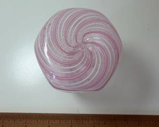 C95 - $20. White Latticino Vace. Pink/White/Clear swirls. Measures 4.25" Tall
