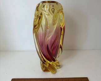 C92 - $50. Bohemia Twisted Glass Vase in Amber & Pink. (Likely Josef Hospodka). Measures 11.75" Tall