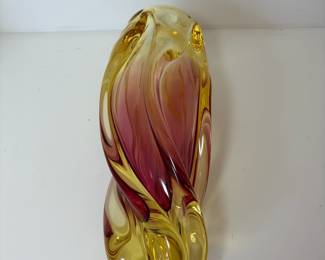 C92 - $50. Bohemia Twisted Glass Vase in Amber & Pink. (Likely Josef Hospodka)Measures 11.75" Tall