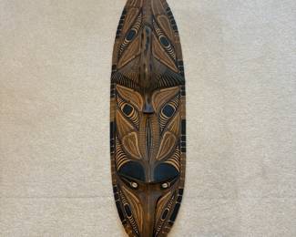 C158 - $140. Papua New Guinea Sepik River Hand Made Wood Mask. Cowrie Shell Eyes. Measures 12" W x 41" Tall