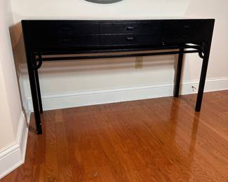 C25 - $550. Black Lacquered Entry Table. From Skaraborgs Mobler. Made in Sweden. Measures 59" x 17" x 33.5" tall. 6 felt lined drawers all slide easily. Very good condition. One white scuff on the front and minor paint chipping on the legs.