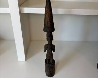 C82 - $25. African Tribal Hand Carved Wood Sculpture Bell. Measures 18.5" Tall