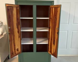 C21 - $60. Painted, Cedar Lined Chest. Has spot to hold a hanging bar, but has been converted to adjustable shelves currently. Measures 30" x 20.5" x 62" tall. Sturdy but not super heavy. Paint is in very good condition.