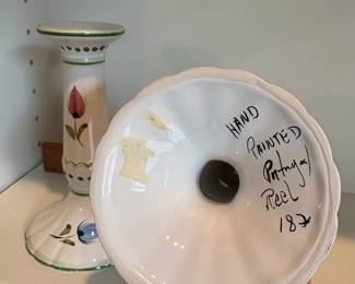 C58 - $15. Pair of Portugal Hand Painted Candle Stick Holders. Measures 6.5" Tall