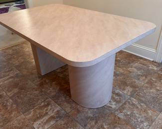 C114 - $60. Formica Laminate Dining Table. Does have some minor damage on base - see photos. Comes apart to move (2 base pieces & top) Measures 3' x 5'. Comes apart to move (2 base pieces & top) Measures 3' x 5'.