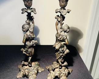 C126 - $175. Pair of Antique Bronze Candlesticks. Classical Female Figures. Measures 13.25" Tall