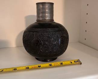 C155 - $85. Chinese Tea Caddy carved out of a coconut shell. Metal lined with lid that could also be a cup.