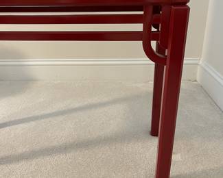 C22 - $550. Red Lacquered Display Cabinet. 2 doors. 3 adjustable glass shelves. Made in Sweden by Skaraborgs Mobler AB. Measures 31.5" x 13.5" x 69" tall. Very good condition.
