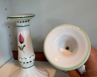 C58 - $15. Pair of Portugal Hand Painted Candle Stick Holders. Measures 6.5" Tall