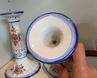 C59 - $25. Hand Painted Portugal Pair of Candle Stick Holders and Vase. Measures Candle Sticks 6.75" Tall, Vase 5.5" Tall