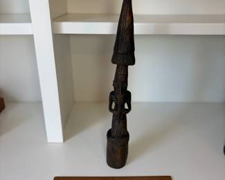 C82 - $25. African Tribal Hand Carved Wood Sculpture Bell. Measures 18.5" Tall