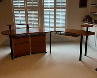 C16 - $60. 2 Piece Desk Set - Kidney shape measures 62" wide x 32.5" deep x 28.25" tall. Right piece measures 45.5" x 19.75" x 28.25" tall.
