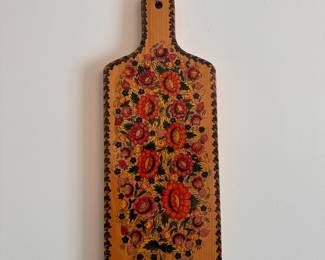 C111 - $20. Russian Hand Painted Cutting Board 1991 & signed. Used as a wall hanging. Measures 7" x 18".