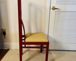C125 - $200. Set of 6 Red Lacquered Chairs. Leather seats - would be very easy to recover. Very good vintage condition, normal wear & tear, scuffs. See photos.