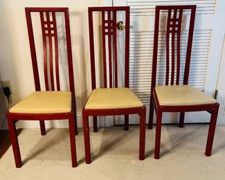 C125 - $200. Set of 6 Red Lacquered Chairs. Leather seats - would be very easy to recover. Very good vintage condition, normal wear & tear, scuffs. See photos.