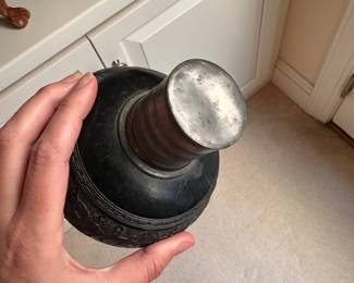 C155 - $85. Chinese Tea Caddy carved out of a coconut shell. Metal lined with lid that could also be a cup.