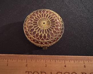 C156 - $60. Victorian Fench Rouge Pot Ormolu (pill box / vanity jar). Amethyst Glass with gold filigree surround.