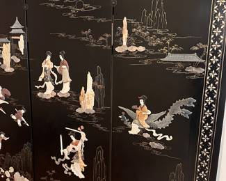 C168 - $175. 4 Panel Screen / Room Divider with soapstone figures. In fair condition - see photos. Slight water damage to one leg. Has been wall mounted but stands freely!