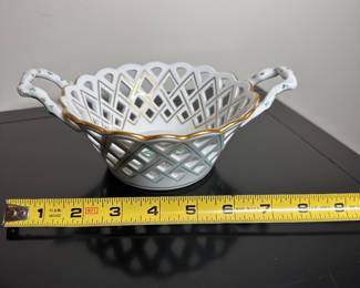 C28 - $25. Herend Porcelain Openwork Floral Basket with Handles. HAS BEEN REPAIRED.