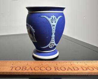 C42 - $15. Wedgwood Dark Blue Jasperware Vase. Measures 4" tall.
