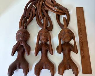 C87 - $80. Vintage African Hand Carved Wood Monkeys. See, Hear and Speak No Evil. Measures 15" W x 13.5 Tall