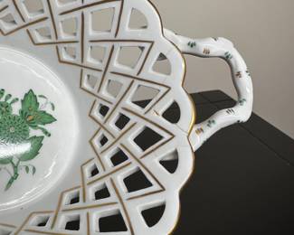 C28 - $25. Herend Porcelain Openwork Floral Basket with Handles. HAS BEEN REPAIRED.