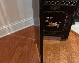 C168 - $175. 4 Panel Screen / Room Divider with soapstone figures. In fair condition - see photos. Slight water damage to one leg. Has been wall mounted but stands freely!