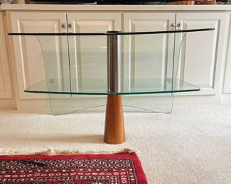 C18 - $225. Waterfall Glass Coffee Table or Media Stand. Measures 42" wide x 21" deep x 23.5" tall. I believe it is Italian - no name or marks found.