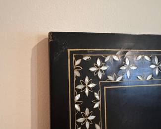 C168 - $175. 4 Panel Screen / Room Divider with soapstone figures. In fair condition - see photos. Slight water damage to one leg. Has been wall mounted but stands freely!