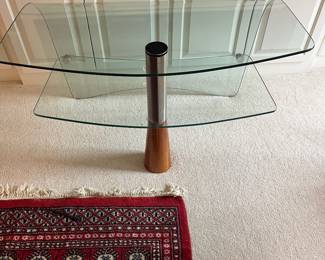 C18 - $225. Waterfall Glass Coffee Table or Media Stand. Measures 42" wide x 21" deep x 23.5" tall. I believe it is Italian - no name or marks found.