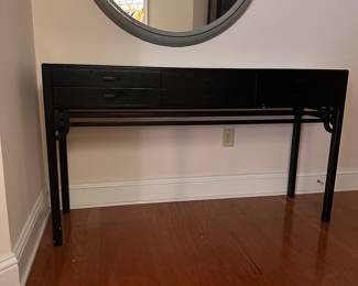 C25 - $550. Black Lacquered Entry Table. From Skaraborgs Mobler. Made in Sweden. Measures 59" x 17" x 33.5" tall. 6 felt lined drawers all slide easily. Very good condition. One white scuff on the front and minor paint chipping on the legs.