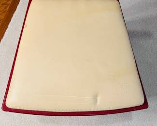 C125 - $200. Set of 6 Red Lacquered Chairs. Leather seats - would be very easy to recover. Very good vintage condition, normal wear & tear, scuffs. See photos.