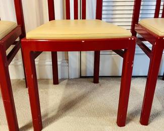 C125 - $200. Set of 6 Red Lacquered Chairs. Leather seats - would be very easy to recover. Very good vintage condition, normal wear & tear, scuffs. See photos.