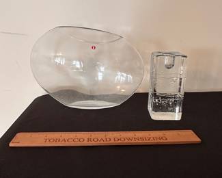 C149 - $60 for the pair of iittala Finland art glass. Markku Vase Aava 10.75" x 7.5" tall. Candlestick is 5.5" tall.