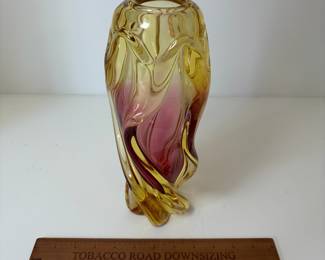 C92 - $50. Bohemia Twisted Glass Vase in Amber & Pink. (Likely Josef Hospodka). Measures 11.75" Tall