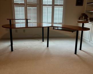 C16 - $60. 2 Piece Desk Set - Kidney shape measures 62" wide x 32.5" deep x 28.25" tall. Right piece measures 45.5" x 19.75" x 28.25" tall.