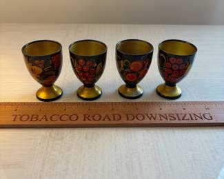 C103 - $15. Set of 4. Russian USSR Khokhloma Hand Painted Wood Shot Glasses.