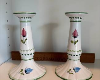 C58 - $15. Pair of Portugal Hand Painted Candle Stick Holders. Measures 6.5" Tall