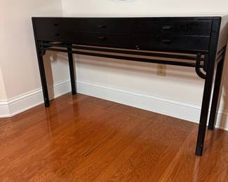 C25 - $550. Black Lacquered Entry Table. From Skaraborgs Mobler. Made in Sweden. Measures 59" x 17" x 33.5" tall. 6 felt lined drawers all slide easily. Very good condition. One white scuff on the front and minor paint chipping on the legs.