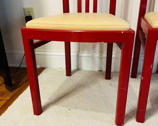C125 - $200. Set of 6 Red Lacquered Chairs. Leather seats - would be very easy to recover. Very good vintage condition, normal wear & tear, scuffs. See photos.
