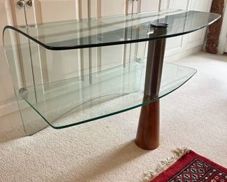 C18 - $225. Waterfall Glass Coffee Table or Media Stand. Measures 42" wide x 21" deep x 23.5" tall. I believe it is Italian - no name or marks found.